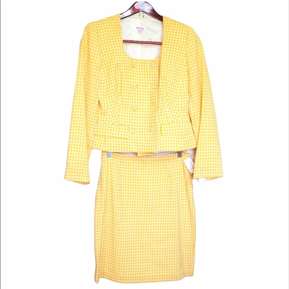 70s deadstock Neiman Marcus wool yellow plaid 2pc coord blazer skirt suit set